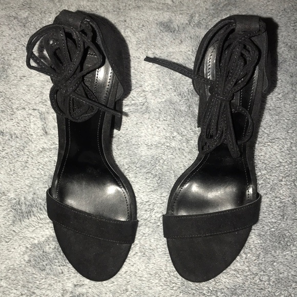 BLACK FAUX SUEDE LACE UP HEELS - Picture 4 of 8